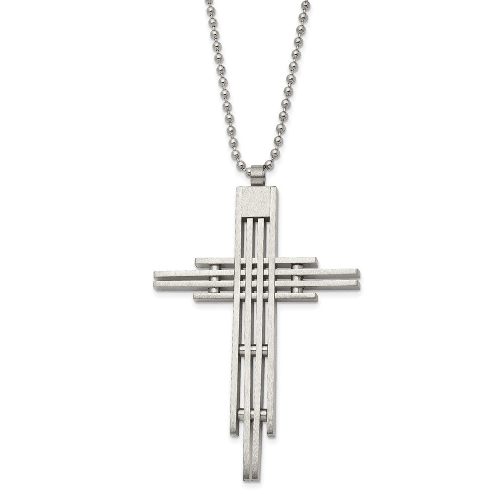 Stainless Steel Chisel Brushed And Polished Cross Pendant On A 24 Inch Ball Chain Necklace
