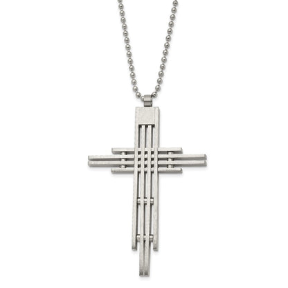 Stainless Steel Chisel Brushed And Polished Cross Pendant On A 24 Inch Ball Chain Necklace