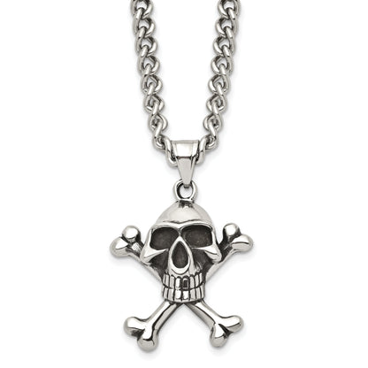 Stainless Steel Chisel Antiqued And Polished Skull Crossbones Pendant On A 24 Inch Curb Chain Necklace