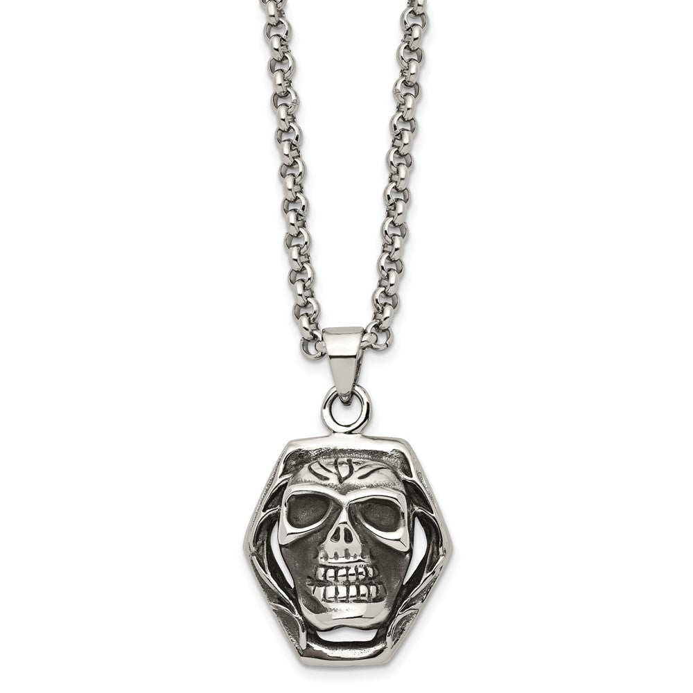 Stainless Steel Chisel Antiqued And Polished Skull Pendant On A 24 Inch Cable Chain Necklace