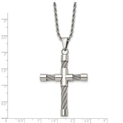 Stainless Steel Chisel Polished And Textured With Cable Cross Pendant On A 22 Inch Rope Chain Necklace
