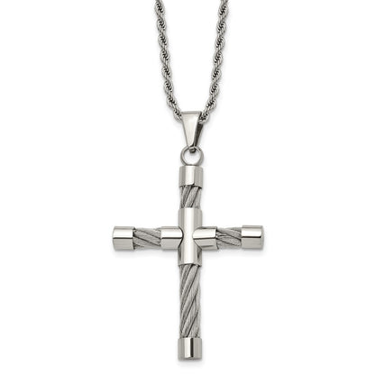 Stainless Steel Chisel Polished And Textured With Cable Cross Pendant On A 22 Inch Rope Chain Necklace