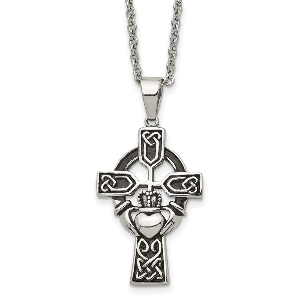 Stainless Steel Chisel Antiqued And Polished Claddagh Cross Pendant On A 20 Inch Cable Chain Necklace