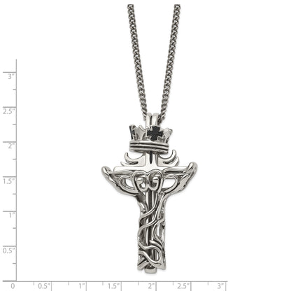 Stainless Steel Chisel Polished And Enameled 2 Piece Cross With Crown Pendant On A 22 Inch Curb Chain Necklace