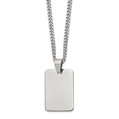 Stainless Steel Chisel Polished Rectangle Dog Tag On A 24 Inch Curb Chain Necklace