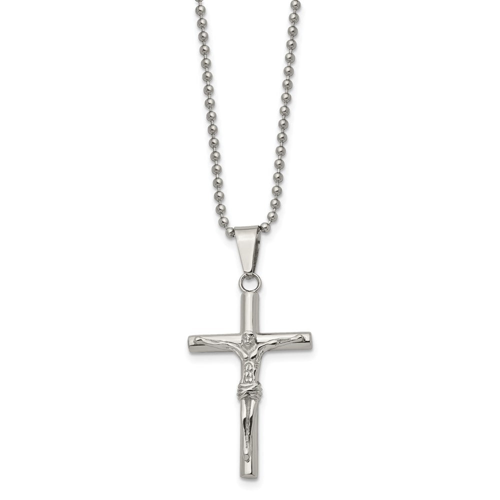 Stainless Steel Chisel Polished Crucifix Pendant On A 22 Inch Ball Chain Necklace