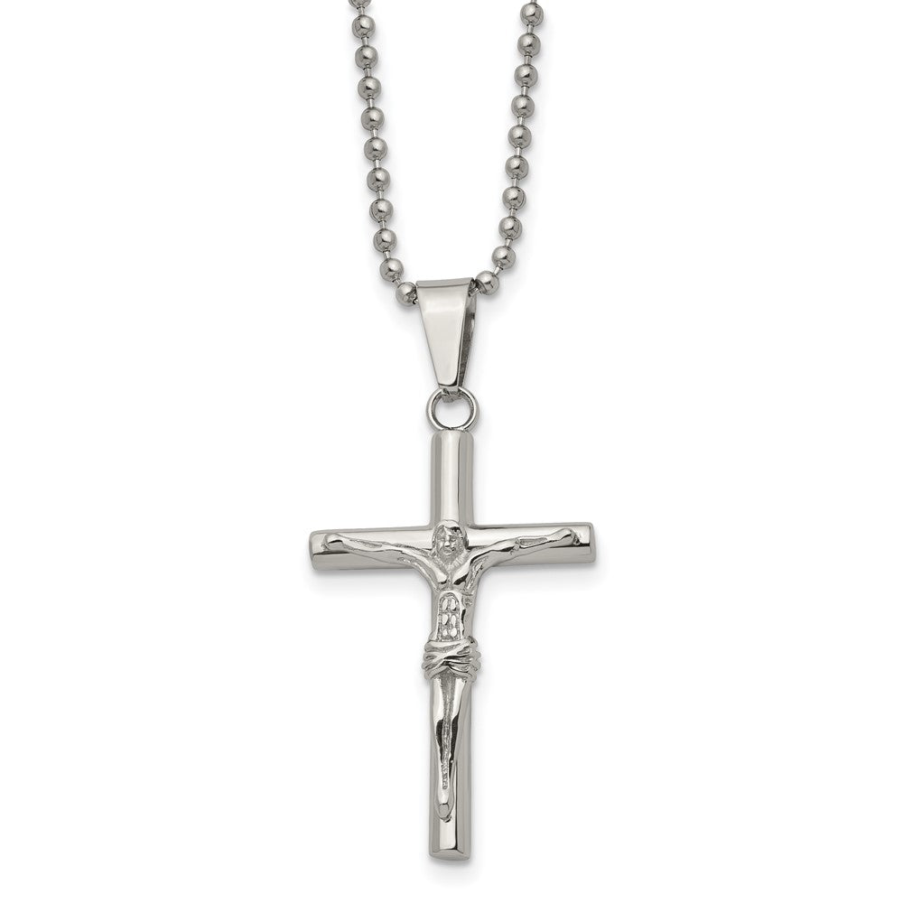 Stainless Steel Chisel Polished Crucifix Pendant On A 22 Inch Ball Chain Necklace