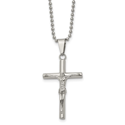 Stainless Steel Chisel Polished Crucifix Pendant On A 22 Inch Ball Chain Necklace