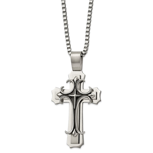 Stainless Steel Chisel Brushed And Polished With Black Enamel Large Cross Pendant On A 24 Inch Box Chain Necklace