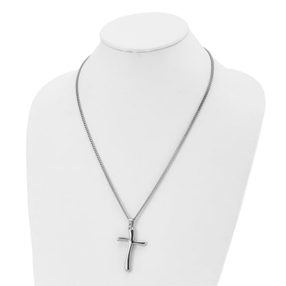 Stainless Steel Chisel Polished Wavy Cross Pendant On A 22 Inch Curb Chain Necklace