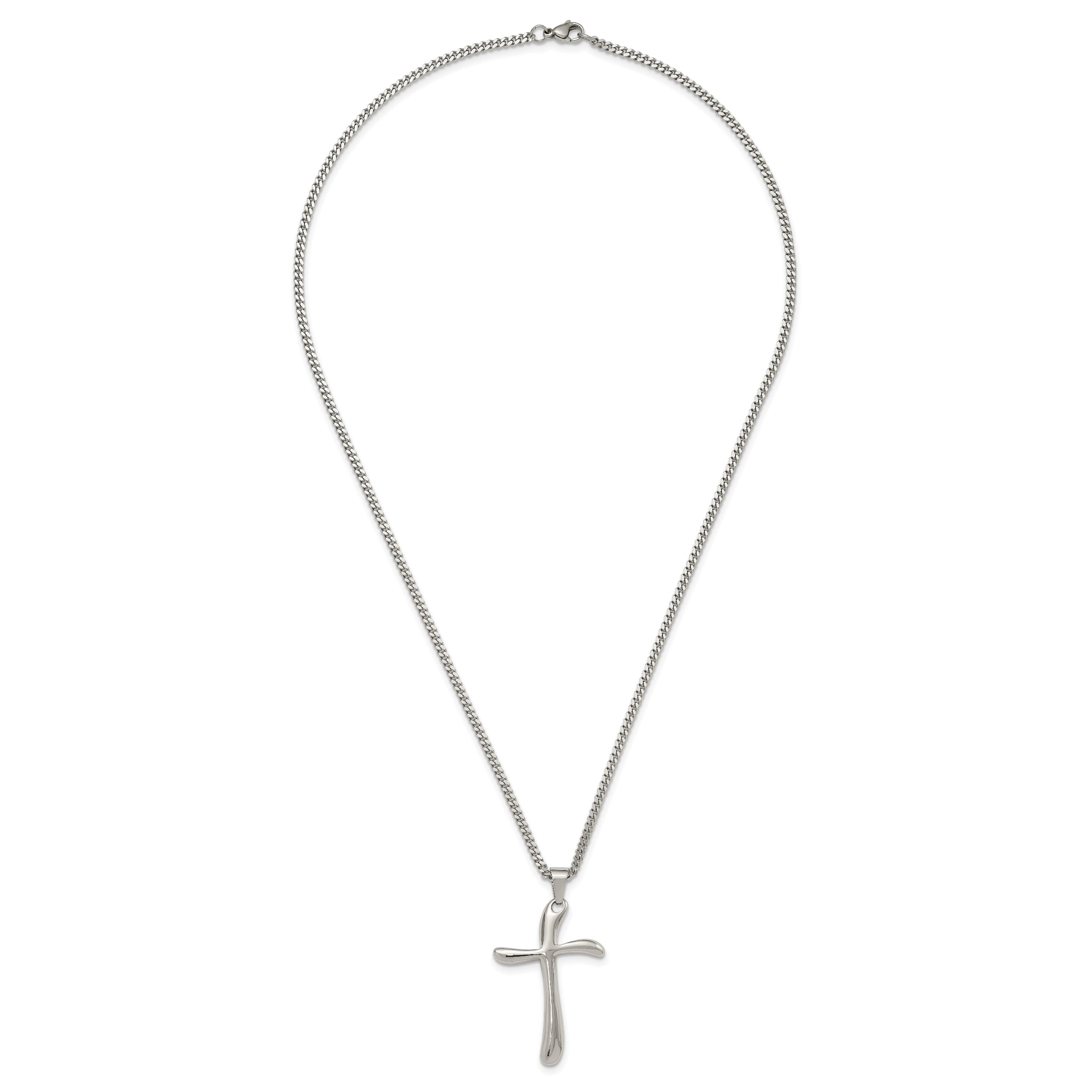 Stainless Steel Chisel Polished Wavy Cross Pendant On A 22 Inch Curb Chain Necklace