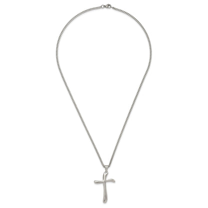Stainless Steel Chisel Polished Wavy Cross Pendant On A 22 Inch Curb Chain Necklace