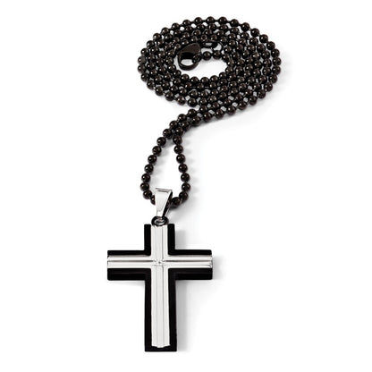 Stainless Steel Chisel Polished Black Ip-Plated Edges With Cz Cross Pendant On A 30 Inch Ball Chain Necklace