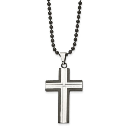 Stainless Steel Chisel Polished Black Ip-Plated Edges With Cz Cross Pendant On A 30 Inch Ball Chain Necklace