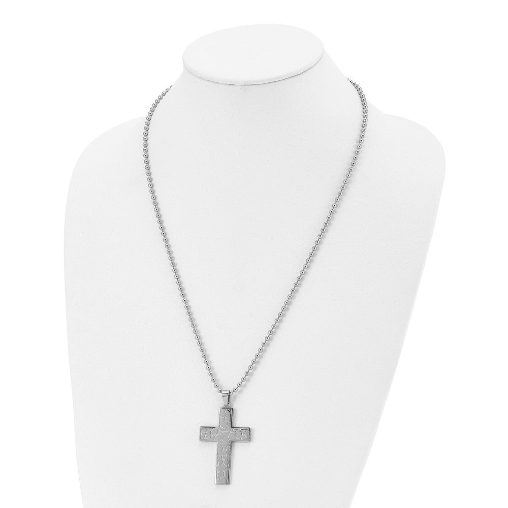 Stainless Steel Chisel Polished And Textured Cross Pendant On A 24 Inch Ball Chain Necklace