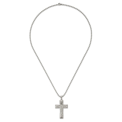 Stainless Steel Chisel Polished And Textured Cross Pendant On A 24 Inch Ball Chain Necklace
