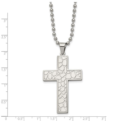 Stainless Steel Chisel Polished And Textured Cross Pendant On A 24 Inch Ball Chain Necklace