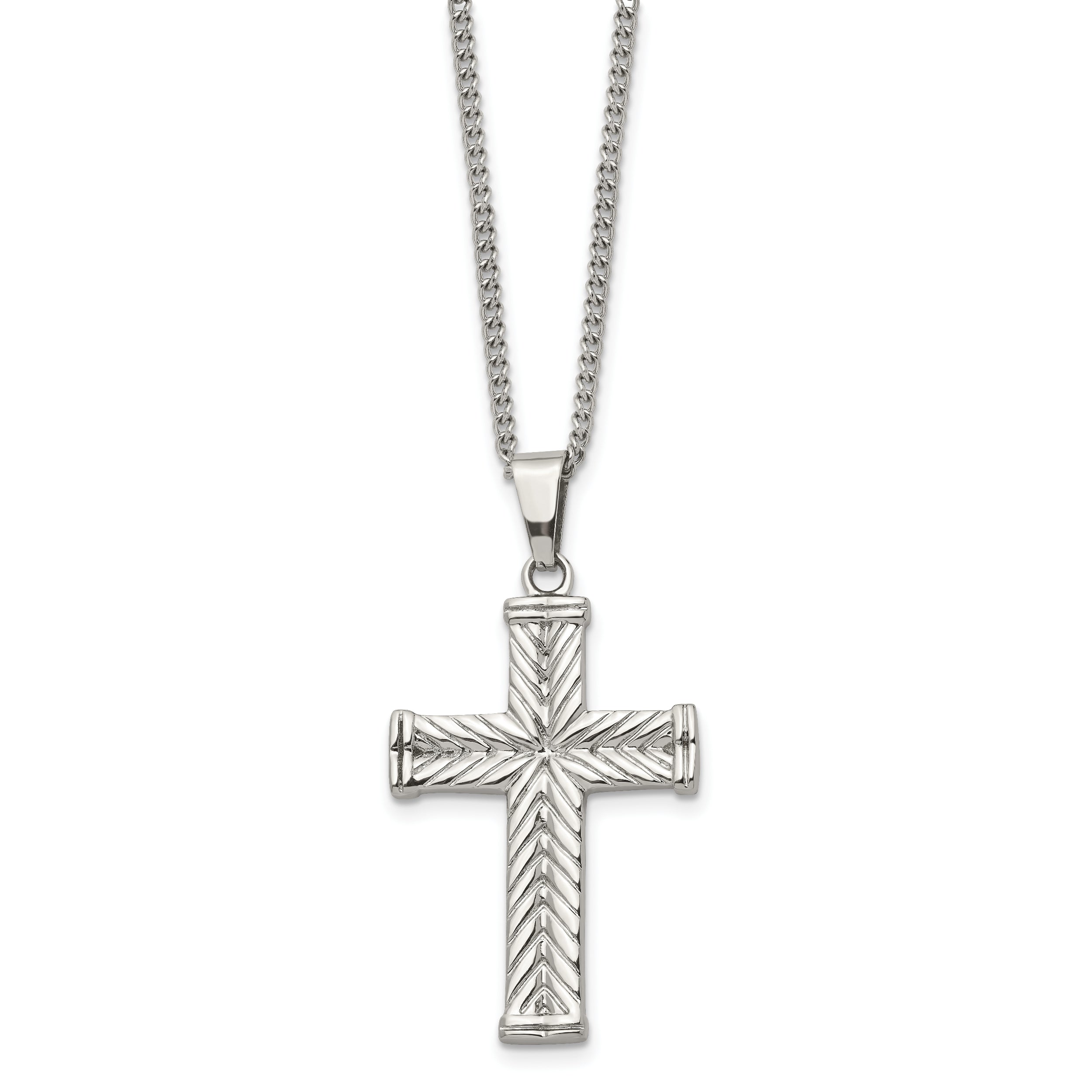 Stainless Steel Chisel Polished And Textured Cross Pendant On A 22 Inch Curb Chain Necklace