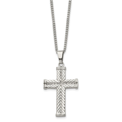 Stainless Steel Chisel Polished And Textured Cross Pendant On A 22 Inch Curb Chain Necklace