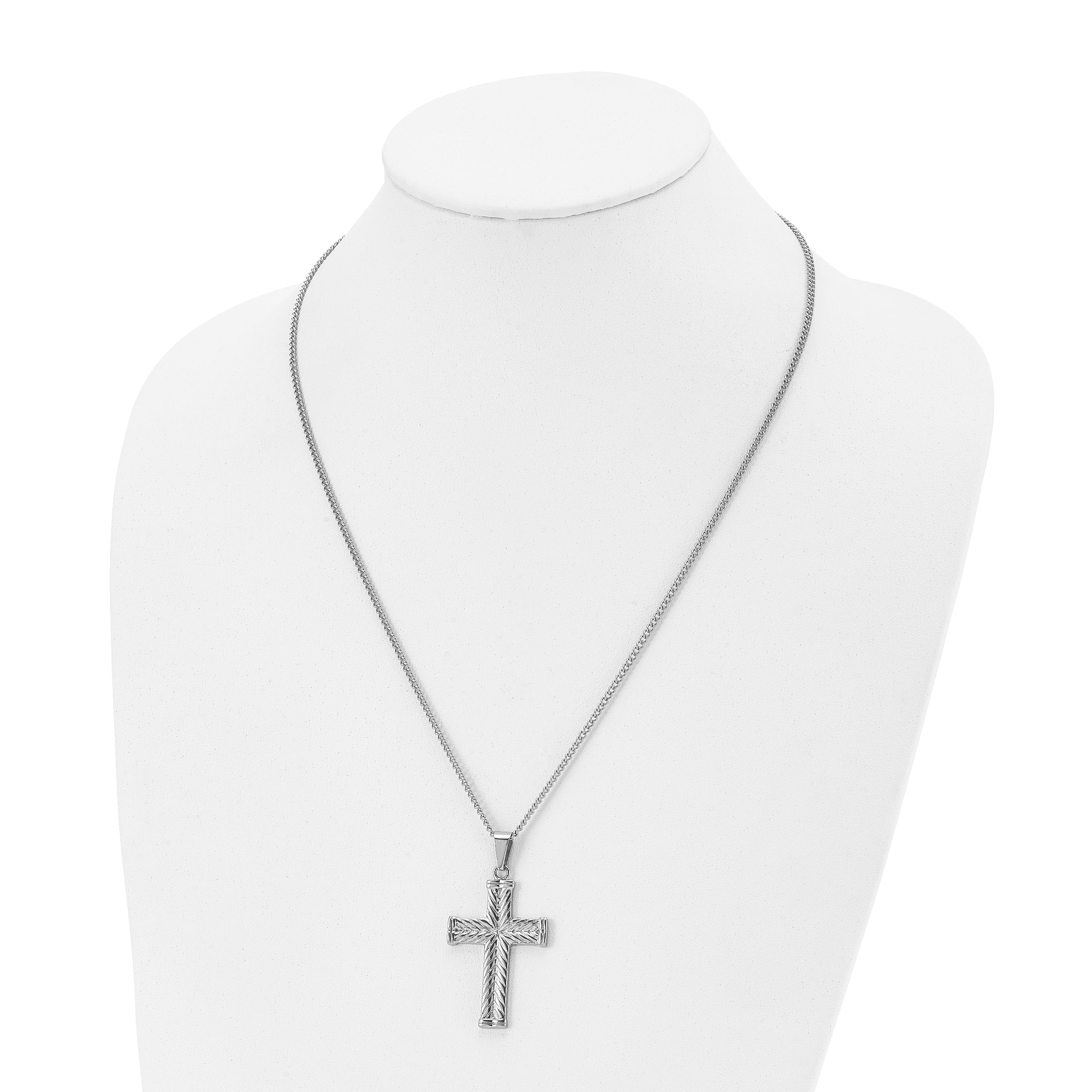 Stainless Steel Chisel Polished And Textured Cross Pendant On A 22 Inch Curb Chain Necklace
