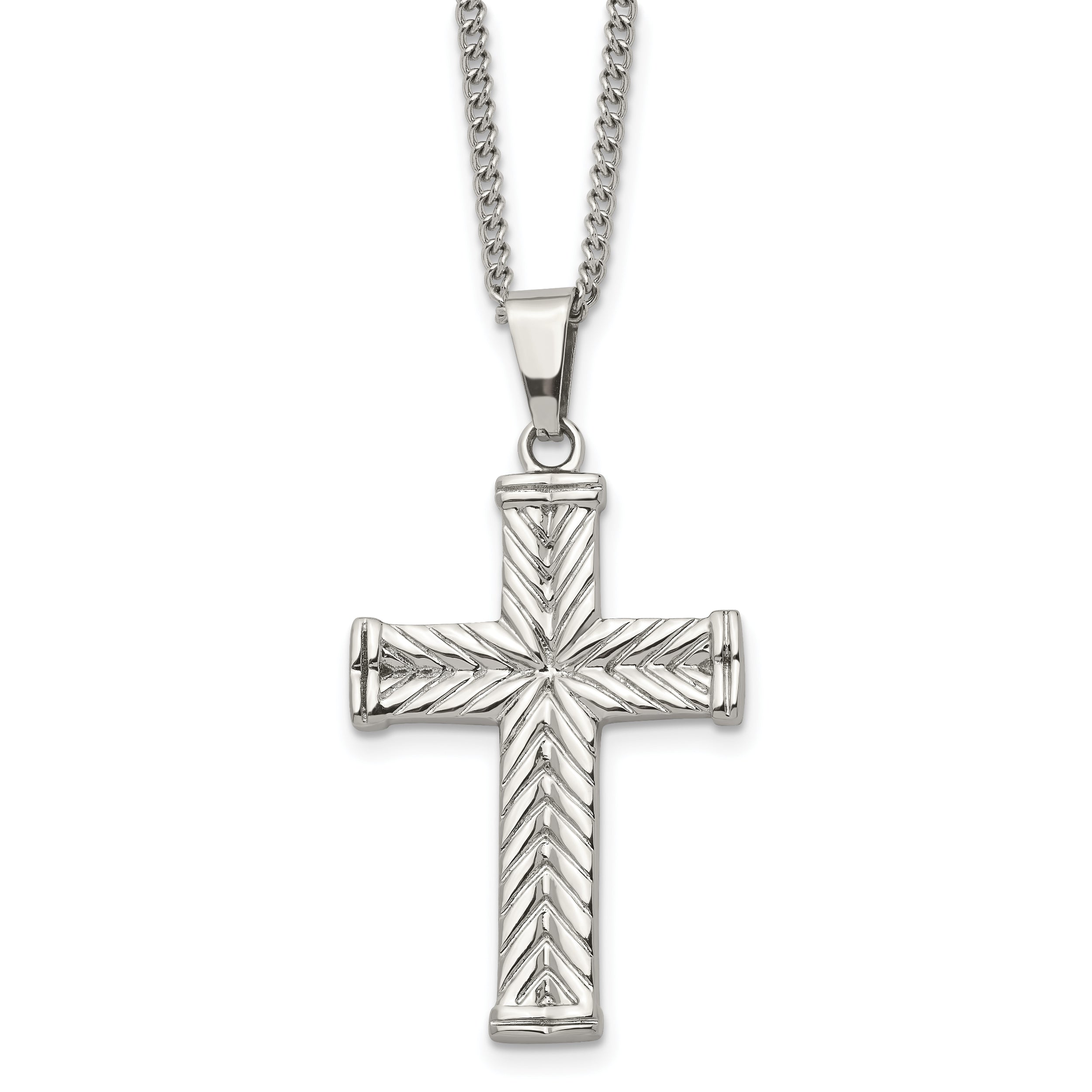 Stainless Steel Chisel Polished And Textured Cross Pendant On A 22 Inch Curb Chain Necklace
