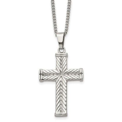 Stainless Steel Chisel Polished And Textured Cross Pendant On A 22 Inch Curb Chain Necklace