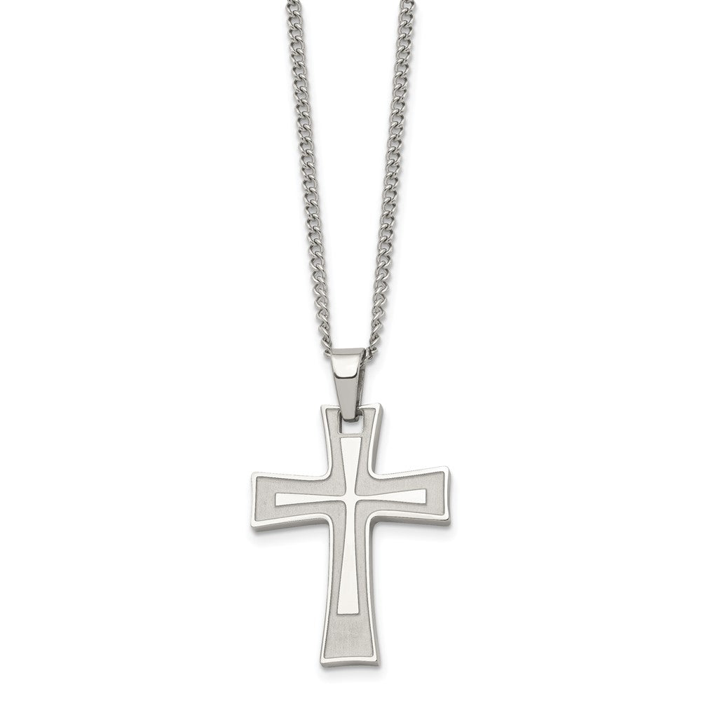 Stainless Steel Chisel Brushed And Polished Cross Pendant On A 24 Inch Cable Chain Necklace