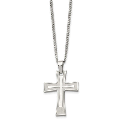 Stainless Steel Chisel Brushed And Polished Cross Pendant On A 24 Inch Cable Chain Necklace