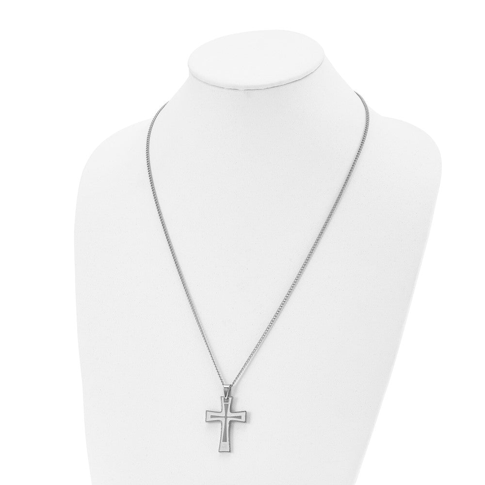 Stainless Steel Chisel Brushed And Polished Cross Pendant On A 24 Inch Cable Chain Necklace