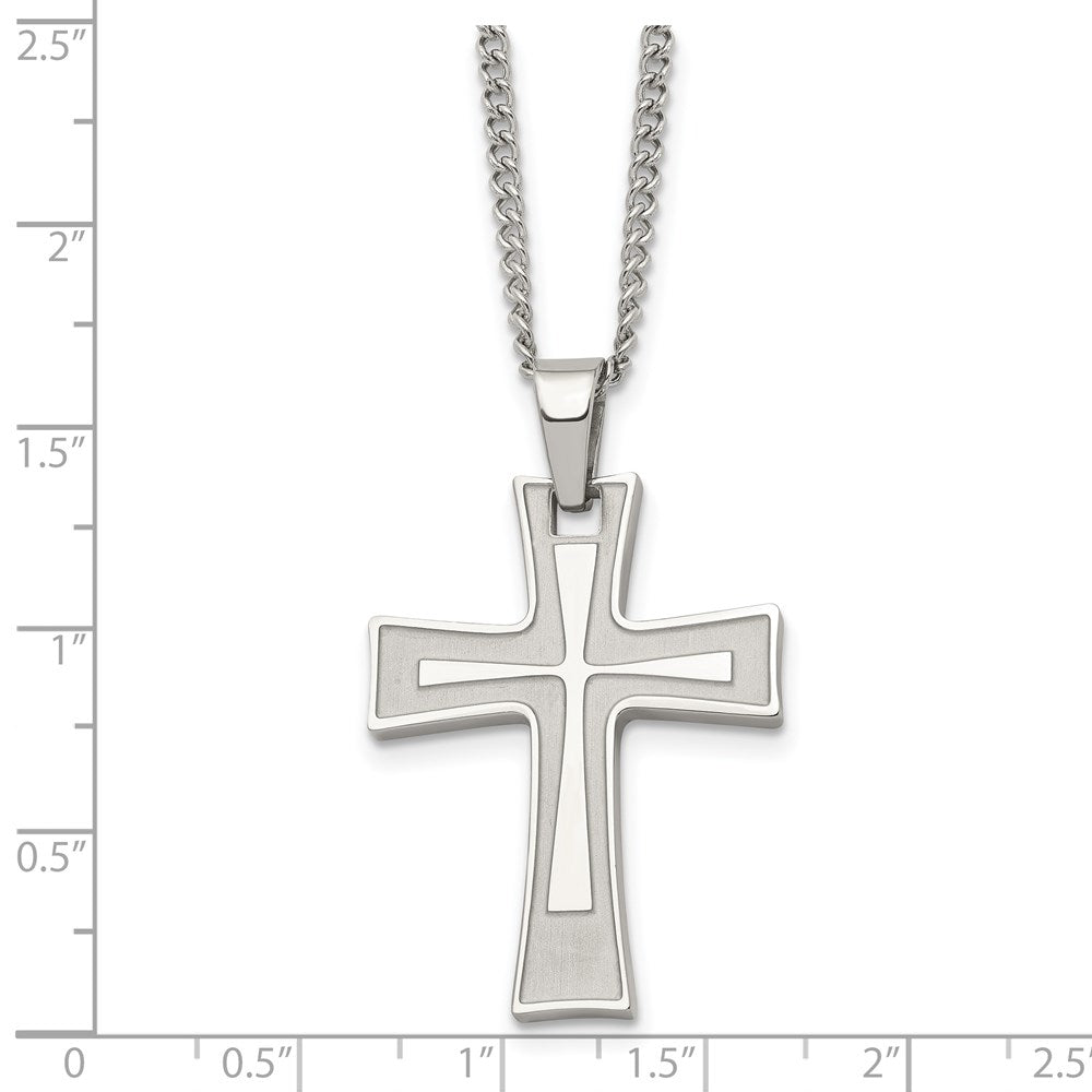 Stainless Steel Chisel Brushed And Polished Cross Pendant On A 24 Inch Cable Chain Necklace