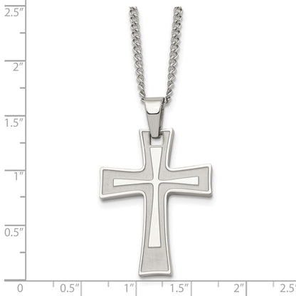Stainless Steel Chisel Brushed And Polished Cross Pendant On A 24 Inch Cable Chain Necklace