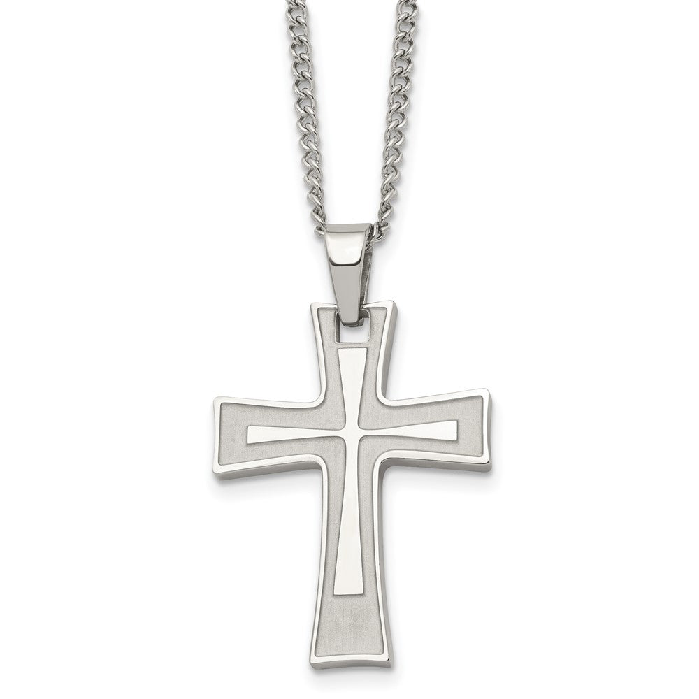Stainless Steel Chisel Brushed And Polished Cross Pendant On A 24 Inch Cable Chain Necklace