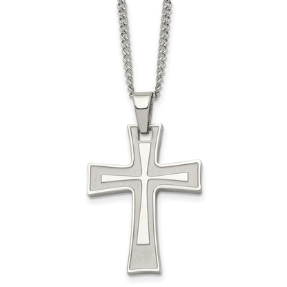 Stainless Steel Chisel Brushed And Polished Cross Pendant On A 24 Inch Cable Chain Necklace