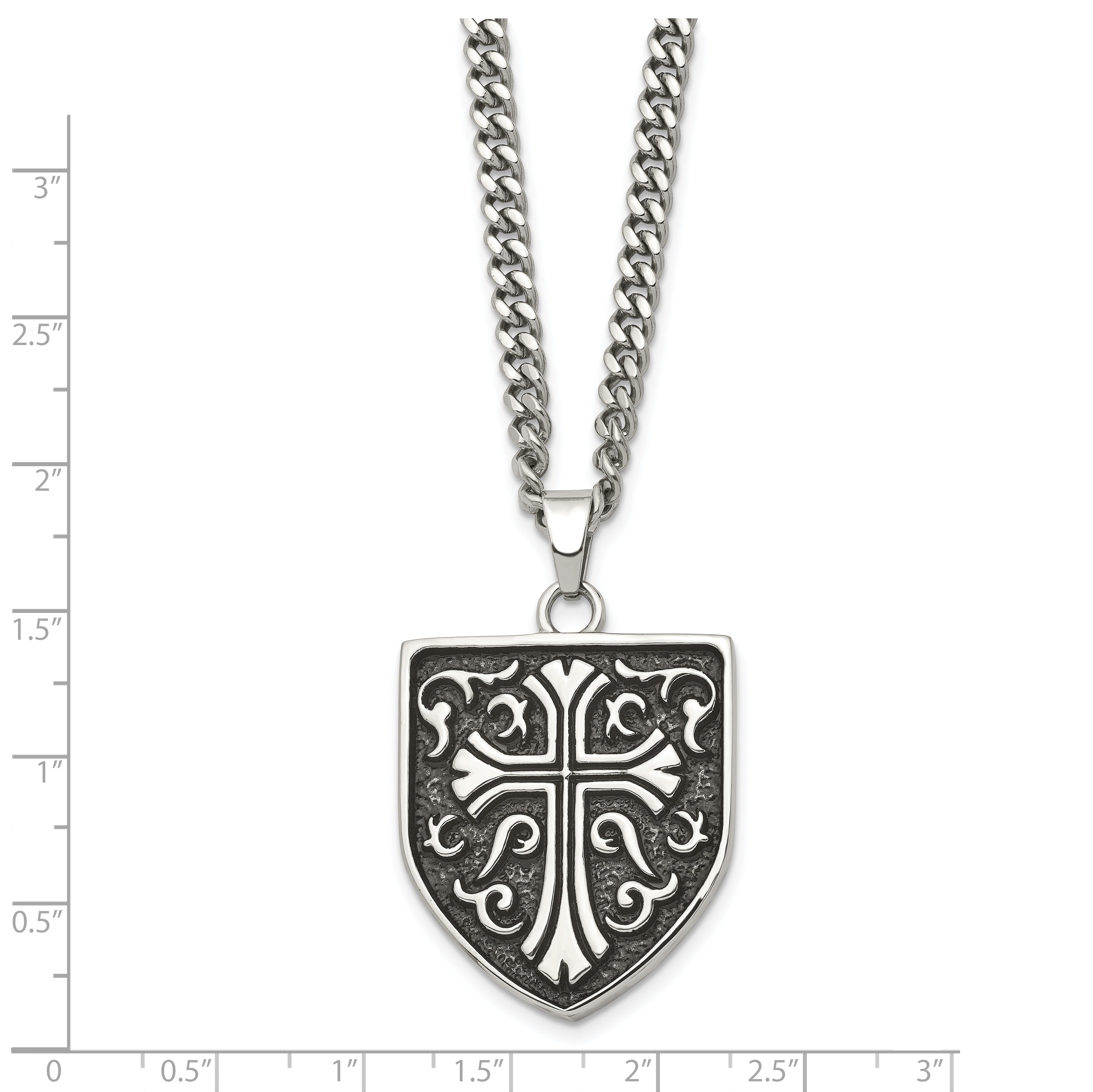 Stainless Steel Chisel Antiqued Polished And Textured Cross Shield Pendant On A 24 Inch Curb Chain Necklace