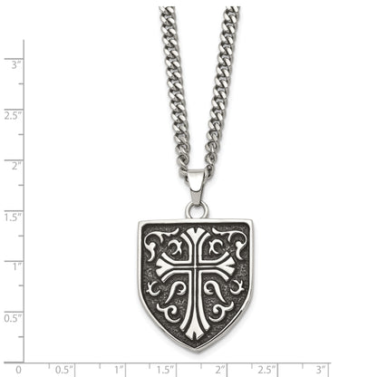 Stainless Steel Chisel Antiqued Polished And Textured Cross Shield Pendant On A 24 Inch Curb Chain Necklace