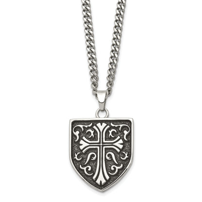 Stainless Steel Chisel Antiqued Polished And Textured Cross Shield Pendant On A 24 Inch Curb Chain Necklace