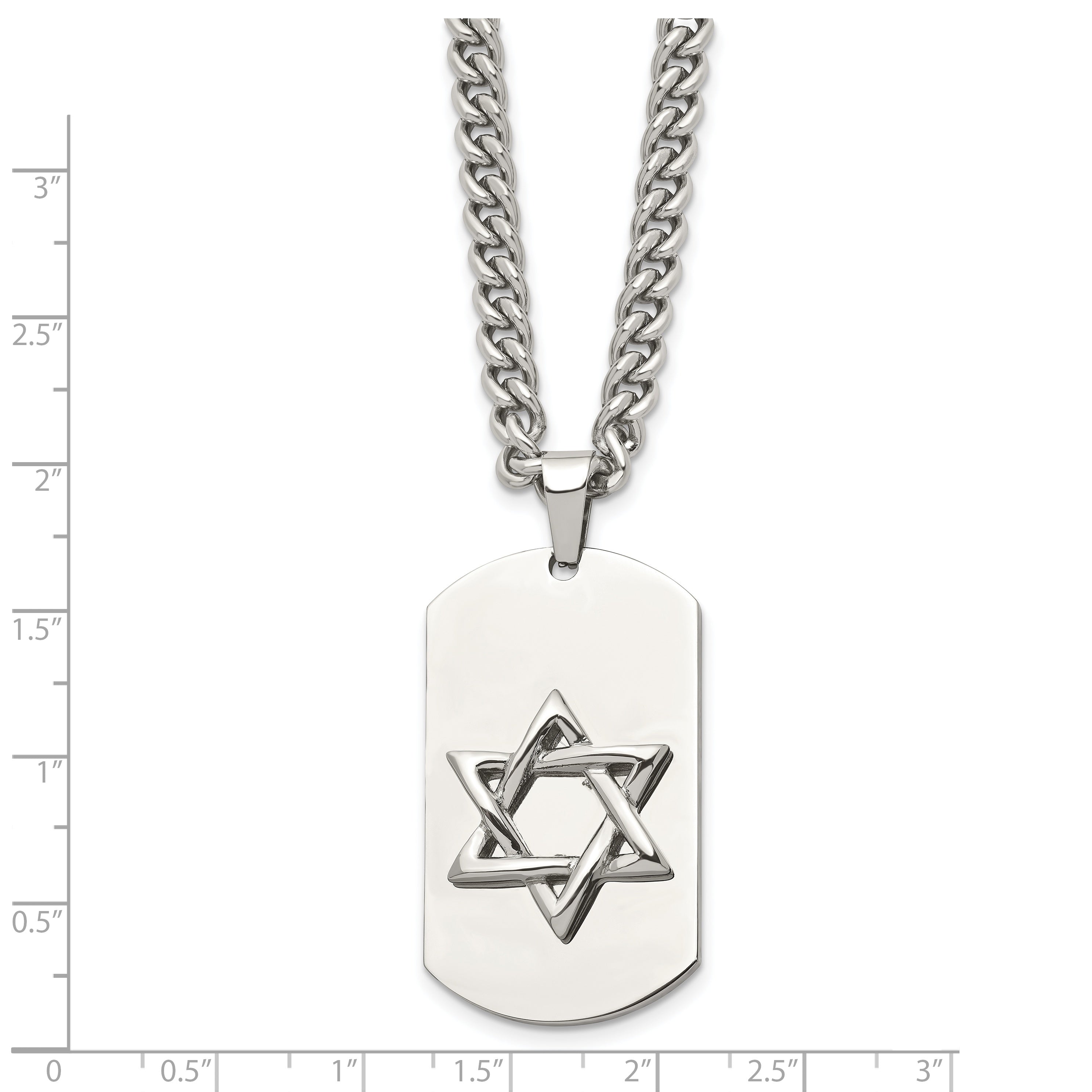 Stainless Steel Chisel Polished Star Of David Dog Tag On A 24 Inch Curb Chain Necklace
