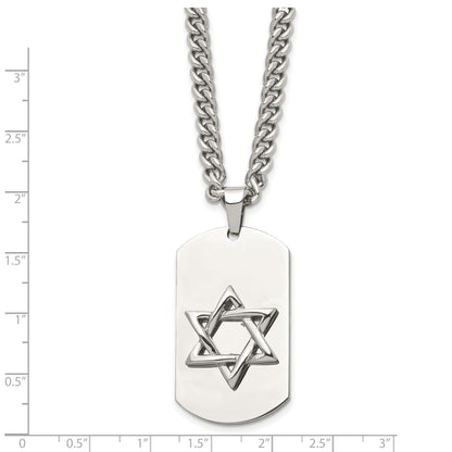 Stainless Steel Chisel Polished Star Of David Dog Tag On A 24 Inch Curb Chain Necklace