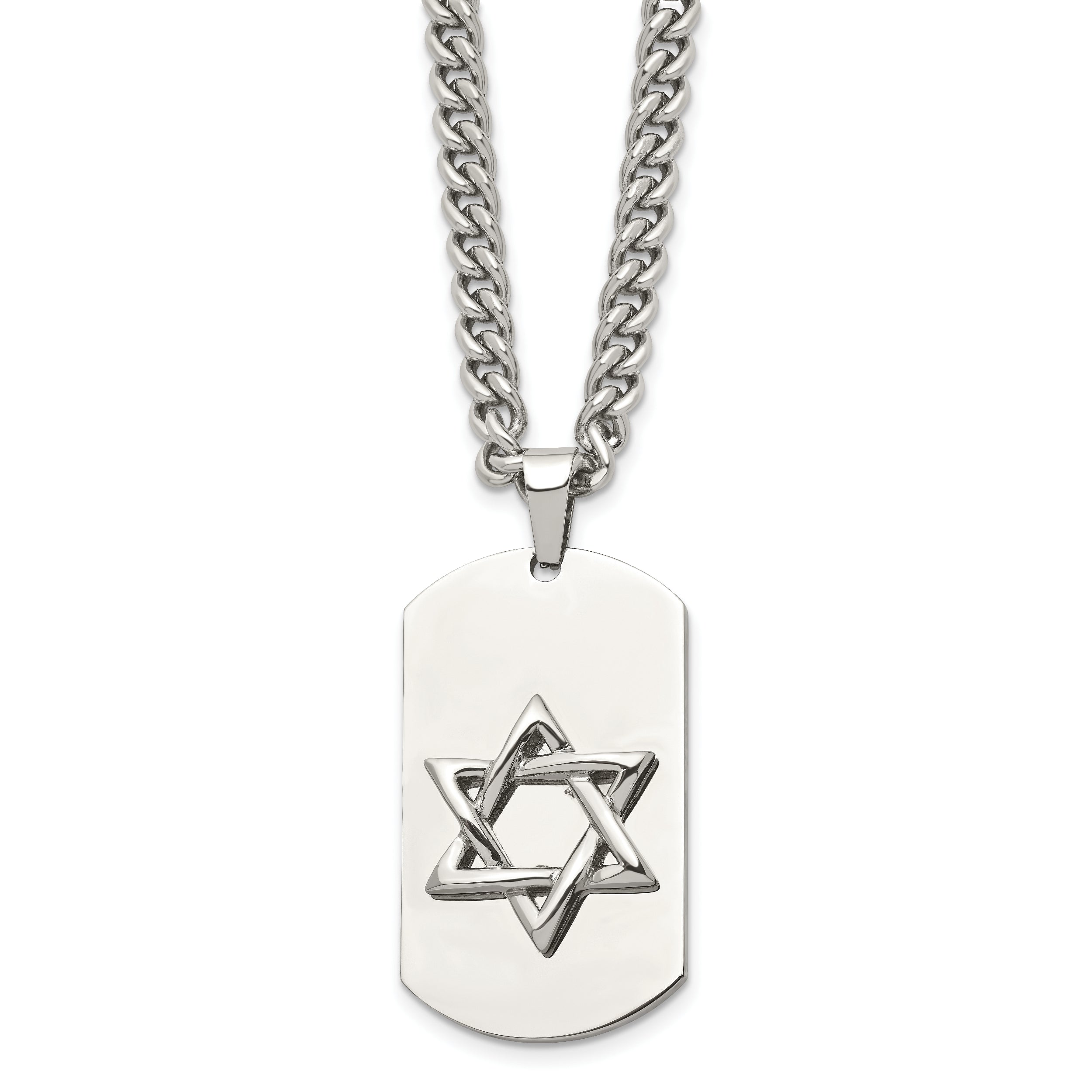 Stainless Steel Chisel Polished Star Of David Dog Tag On A 24 Inch Curb Chain Necklace
