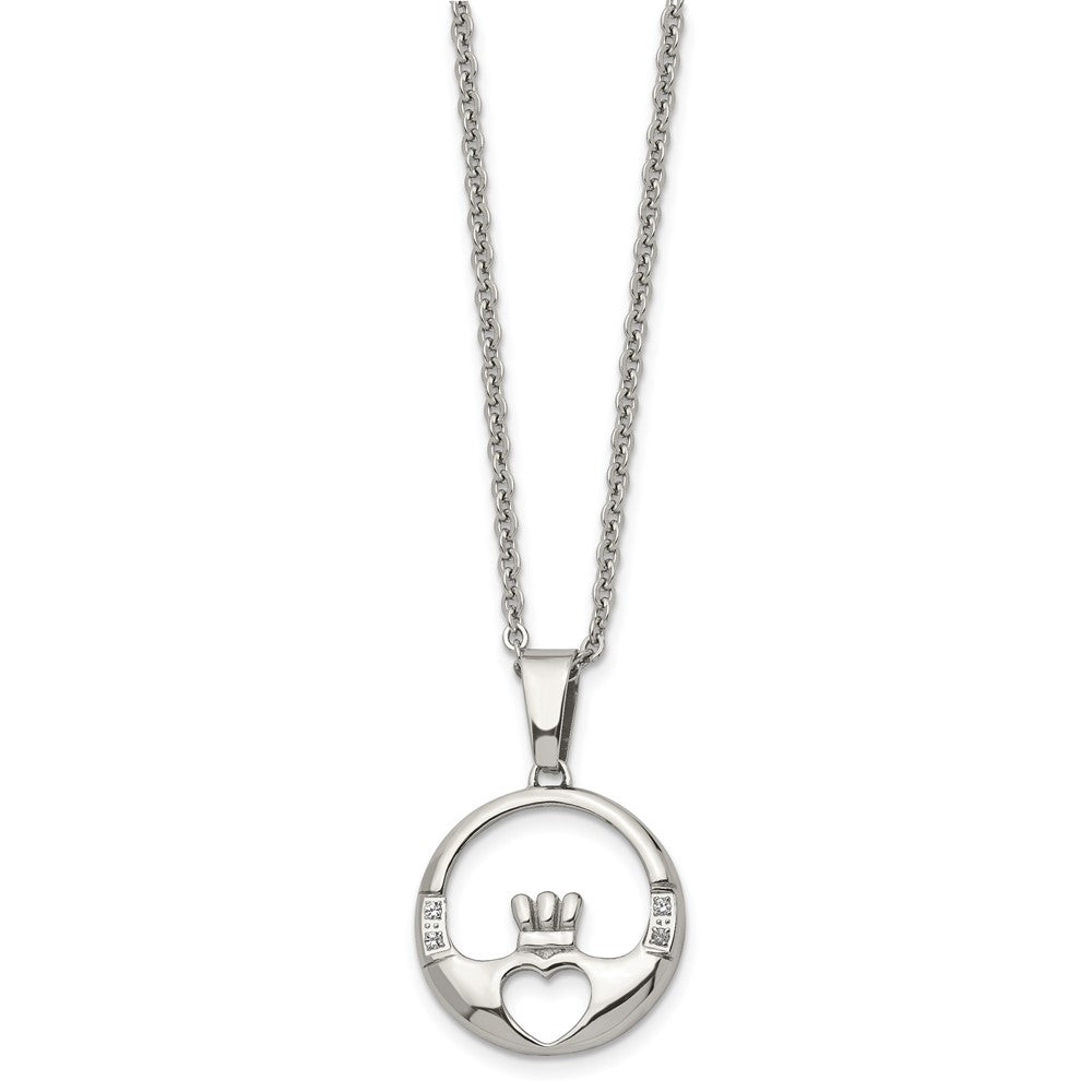 Stainless Steel Chisel Polished With Cz Claddagh Pendant On A 20 Inch Cable Chain Necklace