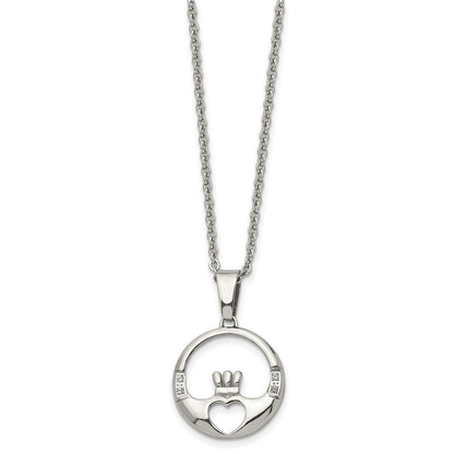 Stainless Steel Chisel Polished With Cz Claddagh Pendant On A 20 Inch Cable Chain Necklace