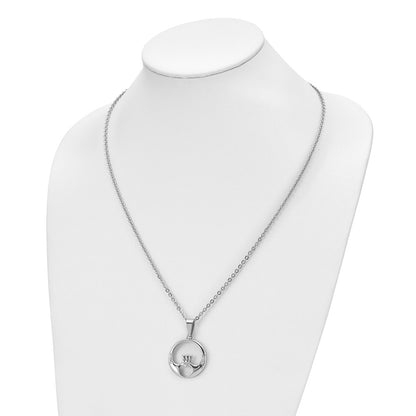 Stainless Steel Chisel Polished With Cz Claddagh Pendant On A 20 Inch Cable Chain Necklace