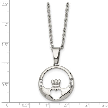 Stainless Steel Chisel Polished With Cz Claddagh Pendant On A 20 Inch Cable Chain Necklace