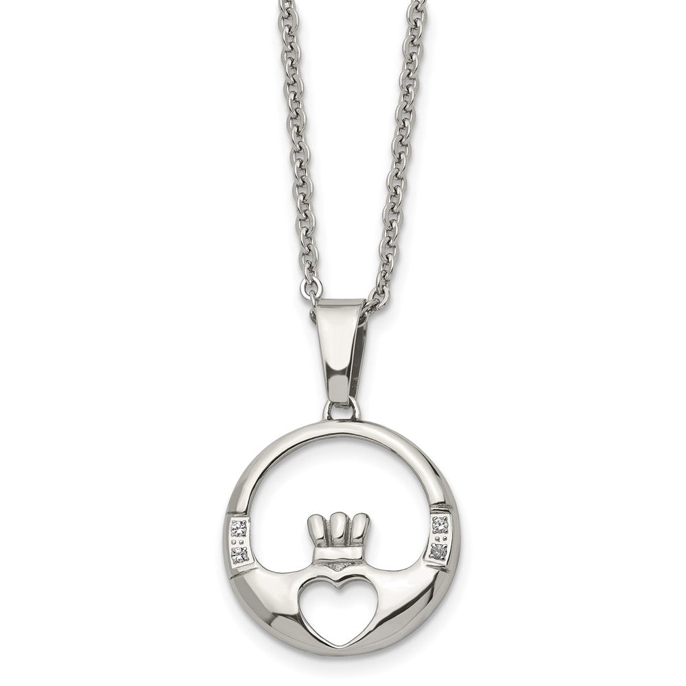 Stainless Steel Chisel Polished With Cz Claddagh Pendant On A 20 Inch Cable Chain Necklace