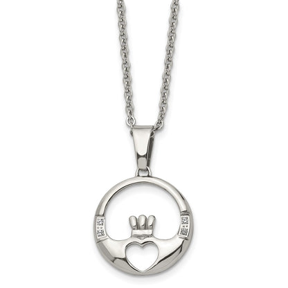 Stainless Steel Chisel Polished With Cz Claddagh Pendant On A 20 Inch Cable Chain Necklace