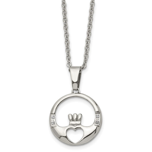 Stainless Steel Chisel Polished With Cz Claddagh Pendant On A 20 Inch Cable Chain Necklace