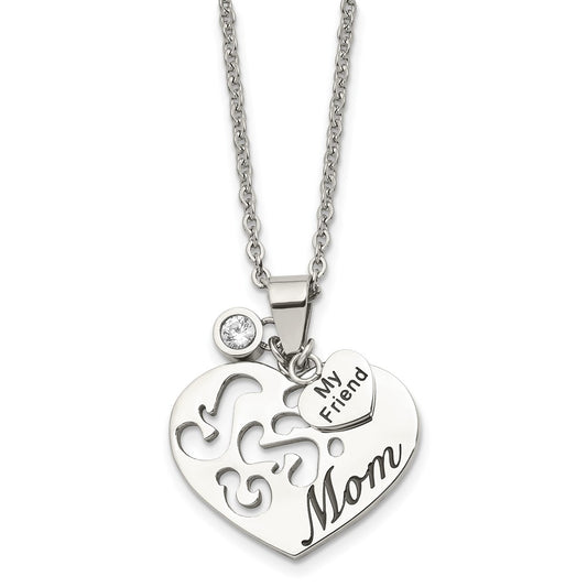 Stainless Steel Chsiel Antiqued Polished And Enameled Mom My Friend With Cz Heart Pendant On A 24 Inch Cable Chain Necklace