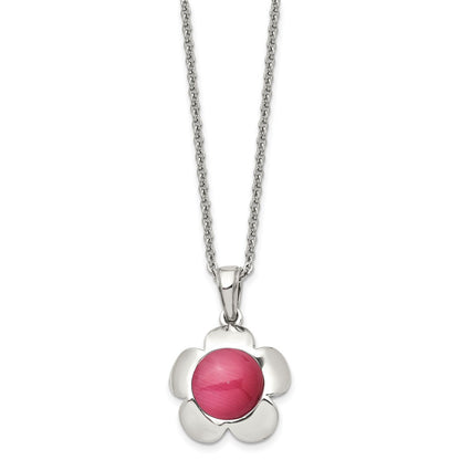 Stainless Steel Chisel Polished Flower With Pink Cat'S Eye Pendant On An 18 Inch Cable Chain Necklace