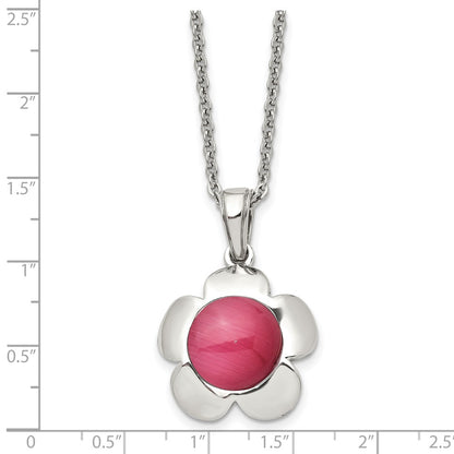 Stainless Steel Chisel Polished Flower With Pink Cat'S Eye Pendant On An 18 Inch Cable Chain Necklace