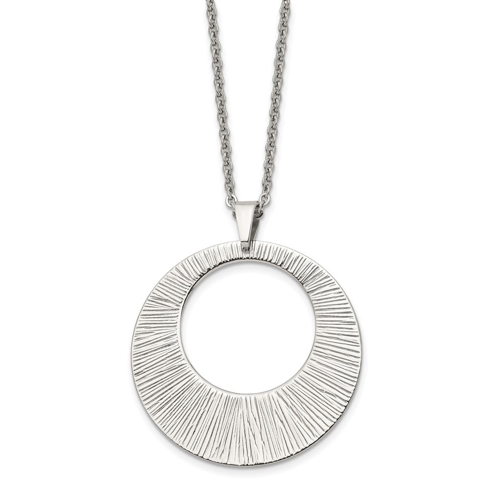Stainless Steel Chisel Polished And Textured Circle Pendant On A 24 Inch Cable Chain Necklace